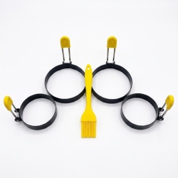 Set 4 Inele Antiaderente pentru Ouă Ochiuri, Clătite și Burgeri, 2x 7.5 cm și 2x 9 cm, Mâner Pliabil cu Protecție Termică + Pensulă/Spatulă Silicon