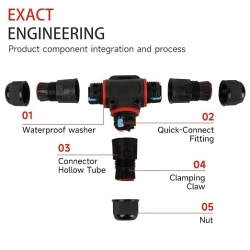 Set 5 conectori electrici etansi tip T pentru cablu exterior Ø3-12 mm, doza ramificatie impermeabila IP68 3 cai, mufa etansa pentru instalatii electrice gradina, iluminat exterior si subteran - Img 5