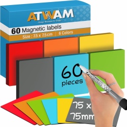 Set 60 Etichete Magnetice Reutilizabile și Inscriptibile ATWAM 75 x 75 mm (3x3 Inch), 6 Culori Vibrante, Carduri Magnetice Ștergibile Uscat pentru Tablă Magnetică, Panouri Scrum, Tablouri Kanban, Frigider și Organizare Agilă