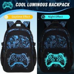 Set Ghiozdan Școlar Gamer 3 Piese cu Efect Fosforescent Glow-in-the-Dark, Ghiozdan Ergonomic și Impermeabil 25 L pentru Laptop 15.6", Penar Inclus, pentru Copii și Adolescenți 6-12 Ani, Albastru - Img 7