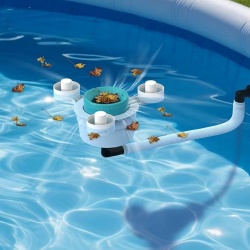 Skimmer automat de suprafata pentru piscina supraterana, sistem rotativ plutitor pe 3 flotoare, model actualizat fara instalare pe rama, pachet cu 10 saculeti filtru fini, curatare apa piscina