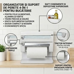 Suport de perete 4-în-1 pentru bucătărie – pentru folie alimentară, folie de aluminiu și prosop de hârtie, Alb - Img 2