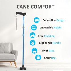 Baston Pliabil și Reglabil pentru Adulți și Seniori Rehand, Bază Pivotantă Autoportantă în 4 Puncte (Freestanding), Mâner Ergonomic Moale din TPR, Tijă Ușoară din Aluminiu cu 8 Trepte de Înălțime (78–96 cm), Husă de Transport Inclusă, Albastru - Img 8