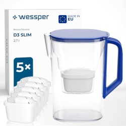 Cană Filtrantă pentru Apă Wessper 2.7 Litri cu Set 6 Cartușe Filtrante, Compatibilă Ușă Frigider, Filtrare cu Cărbune Activ și Rășină Schimbătoare de Ioni, Fără BPA (Albastru)