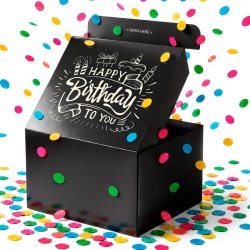 Cutie Cadou Explozivă cu Confetti Black Premium 18.5 x 14 x 11 cm, Cutie Surpriză cu Efect Wow pentru Aniversări, Farse Festive și Cadouri Memorabile de Zi de Naștere