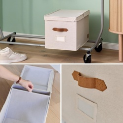 Cutie Depozitare Premium cu Capac XL Bej, Organizator Haine și Lenjerii din Țesătură de In, Mânere din Piele Ecologică, Structură Ranforsată cu Lemn, Fereastră Etichetă, 50 x 33 x 32 cm - Img 3