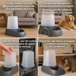 Dispozitiv Automat de Apă și Hrană Raja Grey, Capacitate 1.5L, Utilizare Dublă, Ușor de Curățat, Bază Anti-Alunecare, Gri - Img 2