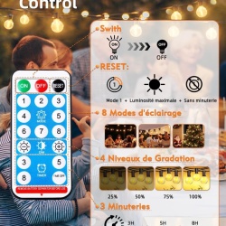Ghirlandă Solară Luminoasă de Exterior 10 m cu 15+1 Becuri LED G40, 8 Moduri Iluminare, Telecomandă, Încărcare Dublă Solar și USB, Baterie 1800 mAh, Impermeabilă IP44, Lumină Caldă 2700K, pentru Grădină, Terasă și Foișor - Img 2