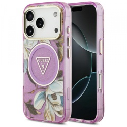 Husa MagSafe pentru Apple iPhone 18 Pro / 17 Pro, Guess, IML Metal Glitter Flowers Triangle, Mov