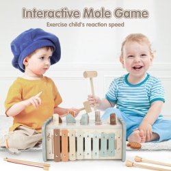 Jucărie Educativă Montessori 4 în 1 din Lemn DINORUN pentru Copii 1–3 Ani, Joc Lovit Cârtițe (Mole Catcher), Pescuit Magnetic, Xilofon Muzical și Rotițe Dințate, Vopsea pe Bază de Apă, Multicolor - Img 7
