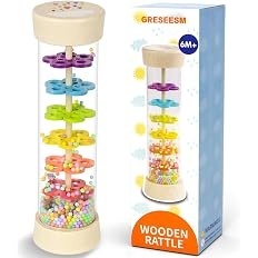 Jucarie senzoriala muzicala Montessori tip Rainmaker / Rain Stick, din lemn, zornaitoare sunet de ploaie, pentru bebelusi si copii mici 6-12 luni+, 19.5 cm (7.7 inch), Multicolor