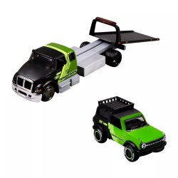 MAISTO DESIGN ELITE TRANSPORT SET CAMION CU RAMPA INTERNATIONAL DURASTAR FLATBED SI MASINUTA FORD BRONCO WILDTRAK 2021 SCARA 1 LA 64 - Img 3