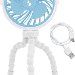 Mini Ventilator Portabil BEPER P206VEN431 cu Picioare Flexibile tip Trepied, Reîncărcabil USB-C, 3 Trepte de Viteză, Rotație 360°, Lumină LED Integrată, pentru Cărucior Copii, Mașină, Birou și Camping, Alb/Albastru