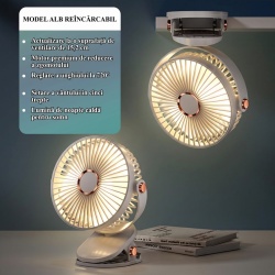 Mini Ventilator Typec Home Portabil cu Clemă și Lumină LED, Reîncărcabil USB, 5 Trepte de Viteză, Rotație 360°, pentru Birou, Casă și Noptieră, Alb - Img 4