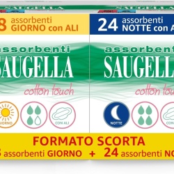 Pachet Absorbante Igienice cu Aripioare Saugella Cotton Touch Zi și Noapte, Kit 52 Bucăți (28 Zi + 24 Noapte), 100% Bumbac Hipoalergenic, Protecție Activă cu Extract de Cimbru (Thymus Vulgaris)