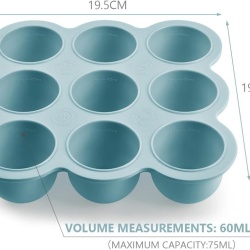 Recipient Congelator Porționare Hrană Bebeluși Aolso din Silicon Alimentar Fără BPA, 9 Compartimente x 75 ml cu Capac Detașabil, Formă Congelare Piureuri, Supe și Gustări, Albastru - Img 7