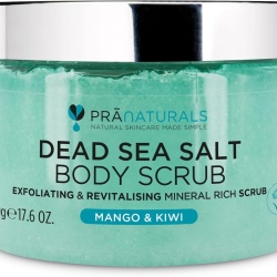 Scrub de Corp Exfoliant cu Sare de la Marea Moartă PraNaturals Mango și Kiwi 500 g, 100% Organic, Infuzat cu Uleiuri Naturale de Migdale Dulci și Grâu, Vegan, pentru Piele Catifelată și Revitalizată
