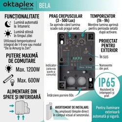 Senzor Crepuscular de Exterior Oktaplex Bela, Protecție IP65 la Apă și Praf, Comutator Automat Noapte/Zi, Antracit - Img 2