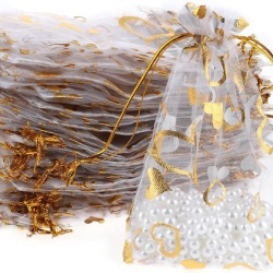 Set 100 Săculeți din Organza Transparentă cu Inimioare Aurii, Șnur Textil, 10 x 15 cm (4x6 Inch), pentru Mărturii Nuntă, Botez, Bijuterii, Cadouri și Cosmetice