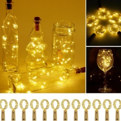 Set 12 Instalații Luminoase Tip Dop pentru Sticle , 2 Metri, 20 LED-uri, Fir Argintiu Flexibil, Alimentare cu Baterii, Lumină Alb Cald, Clasa A
