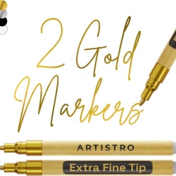 Set 2 Markere cu Vopsea Acrilică Aurie Artistro, Vârf Extra-Fin de 0.7-0.8 mm, Cerneală Metalică Opacă cu Uscare Rapidă, pentru Piatră, Lemn, Sticlă, Metal, Ceramică, Pânză și Proiecte DIY