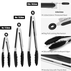Set 3 clesti de bucatarie din inox cu varfuri din silicon termorezistent, mecanism de blocare, pentru gatit, servire si gratar / BBQ, Negru - Img 9