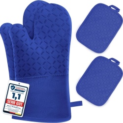Set 4 Piese Mănuși de Bucătărie și Suporturi pentru Oale, Rezistente la Temperaturi Înalte (Până la 300°C / 572°F), Lungime Extinsă 32 cm, Silicon Anti-Alunecare, Albastru
