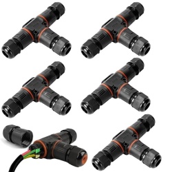 Set 5 conectori electrici etansi tip T pentru cablu exterior Ø3-12 mm, doza ramificatie impermeabila IP68 3 cai, mufa etansa pentru instalatii electrice gradina, iluminat exterior si subteran