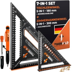 Set Eclere Tâmplărie și Dulgherie THORVALD 7 în 1, Echer 180 mm + Echer 300 mm din Aluminiu Masiv 4 mm cu Raportor și Ghidaj Găurire, Creion de Șantier cu Vârf Prelungit pentru Găuri Adânci