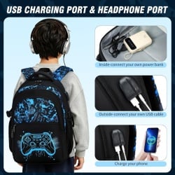 Set Ghiozdan Școlar Gamer 3 Piese cu Efect Fosforescent Glow-in-the-Dark, Ghiozdan Ergonomic și Impermeabil 25 L pentru Laptop 15.6", Penar Inclus, pentru Copii și Adolescenți 6-12 Ani, Albastru - Img 4