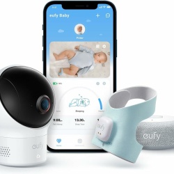 Set monitorizare bebe eufy Smart Sock Baby Monitor S340, Camera 2K, 2.4 GHz Wi-Fi, Pan & Tilt, urmarire ritm cardiac si niveluri de oxigen din sange, detectie AI Cry, Alb