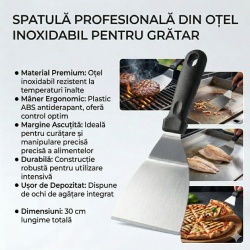 Spatulă Profesională pentru Grătar și Plită, Oțel Inoxidabil, Mâner Ergonomic Termorezistent - Img 3