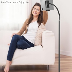 Suport de Podea Reglabil pentru Tabletă și Telefon LanPavilion, Braț Flexibil Tip Gât de Lebădă 40 cm, Rotație 360°, Bază Metalică Stabilă și Grea (1.8 kg), Compatibil 4.7–12.9 Inch, Negru - Img 9