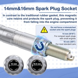 Trusă Chei Magnetice pentru Bujii 14 mm și 16 mm (9/16" și 5/8") cu Articulație Cardanică Rotativă 360°, Tubulare cu Pereți Subțiri din Oțel Crom-Vanadiu cu Profil în 12 Colțuri, Compatibile BMW, MINI, Nissan, Antrenare 3/8 Inch - Img 6