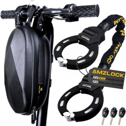 Antifurt Tip Cătușe pentru Trotinetă Electrică și Bicicletă AMZLOCK, Lanț Oțel Ranforsat 8 mm x 75 cm, Protecție Silicon Anti-Zgârieturi, Greutate 1.6 kg, Include 3 Chei și Geantă Impermeabilă 3L