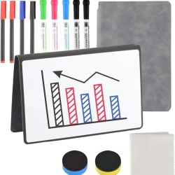 Caiet Tabla Albă de Scris Mini A5 Gri cu Copertă din Piele PU, Agendă Reutilizabilă Whiteboard pentru Notițe, To-Do List, Birou și Școală, cu 8 Carioci și 2 Ștergătoare Incluse