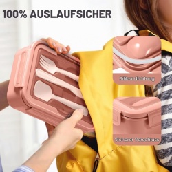 Caserolă Alimentară Bento 1400 ml, 3 Compartimente Detașabile, Set Tacâmuri Inclus, Etanșare Antiscurgere, Compatibilă cu Microunde și Mașina de Spălat Vase, Roz - Img 7