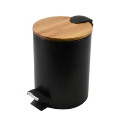 Coș de Gunoi cu Pedală pentru Baie Spirella ADONIS (Capacitate 3 L), Oțel Inoxidabil Negru Mat, Capac din Lemn de Bambus cu Închidere Lentă Easy-Close, Recipient Interior Detașabil, Ø 17 x 22.5 cm