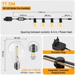 Ghirlanda Luminoasa Decorativa SMART LED IP44 15M, 18+1 becuri LED G40 incluse + Telecomanda,exterior, lumina calda 2700K, potrivita pentru Craciun, Gradina, Terasa, Veranda, Foisor - Img 2
