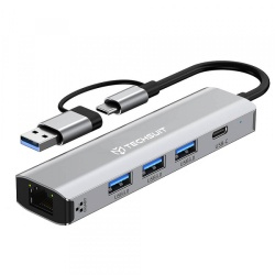Hub USB / USB-C Techsuit H3 BoostNetLink, 5in1, Gri