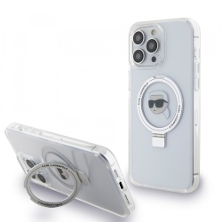 Husa MagSafe pentru Apple iPhone 15 Pro, Karl Lagerfeld, Ring Stand Karl's Head, Alba