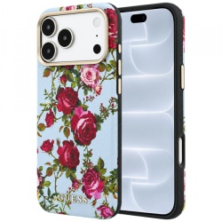 Husa MagSafe pentru Apple iPhone 18 Pro / 17 Pro, Guess, Blossom Roses Print, Bleu