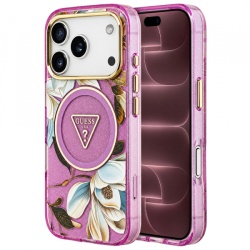 Husa MagSafe pentru Apple iPhone 18 Pro Max / 17 Pro Max, Guess, IML Metal Glitter Flowers Triangle, Mov