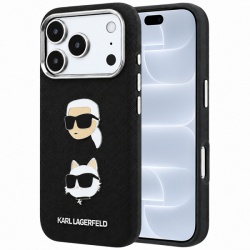 Husa pentru Apple iPhone 18 Pro / 17 Pro, Karl Lagerfeld, Saffiano with Karl & Choupette Head's Pin and Logo, Neagra