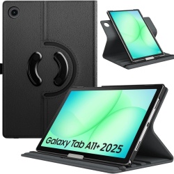 Husă Rotativă TiMOVO pentru Samsung Galaxy Tab A11+ / A11 Plus 11" (2025), Suport Pivotant 90° Orizontal / Vertical, Funcție Auto Sleep/Wake, Bandă Elastică, Piele Ecologică, Negru