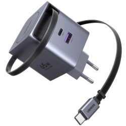 Incarcator de retea UGREEN 65W, GaN Fast Charger, USB-A, USB-C, Cablu Retractabil incorporat, Gri