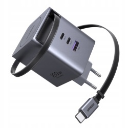 Incarcator retea Ugreen Nexode 100W, GaN Fast Charger, 2x USB-C, 1x USB-A, cu cablu retractabil, Gri