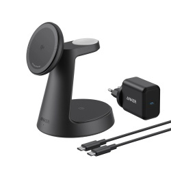 Incarcator wireless magnetic Anker MagGo 3-in-1 MagSafe Qi2 15W (incarcator si cablu inclus), Negru