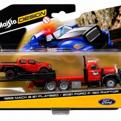 MAISTO DESIGN ELITE TRANSPORT SET CAMION CU RAMPA MACK B 61 FLATBED 1953 SI MASINUTA FORD F150 RAPTOR 2021 SCARA 1 LA 64