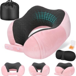 Pernă de Călătorie Ergonomică din Spumă cu Memorie pentru Avion, Ajustabilă și Compactă, cu Dopuri de Urechi, Mască de Ochi și Geantă de Transport
